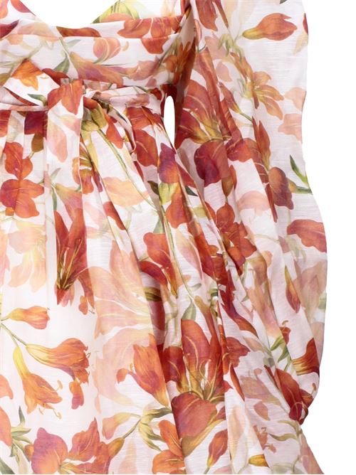 peach orange/cream white linen-silk blend all-over floral print sweetheart neck long puff sleeves Zimmermann | 1696DS243RED LILY